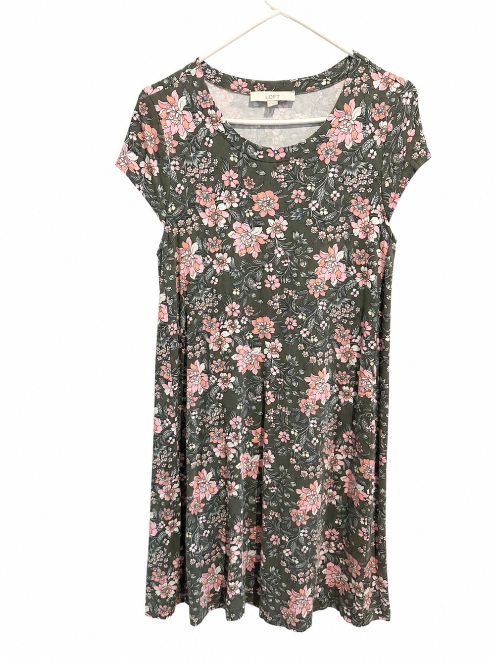 LOFT Olive Green Floral A-Line Dress with Pink Blossoms